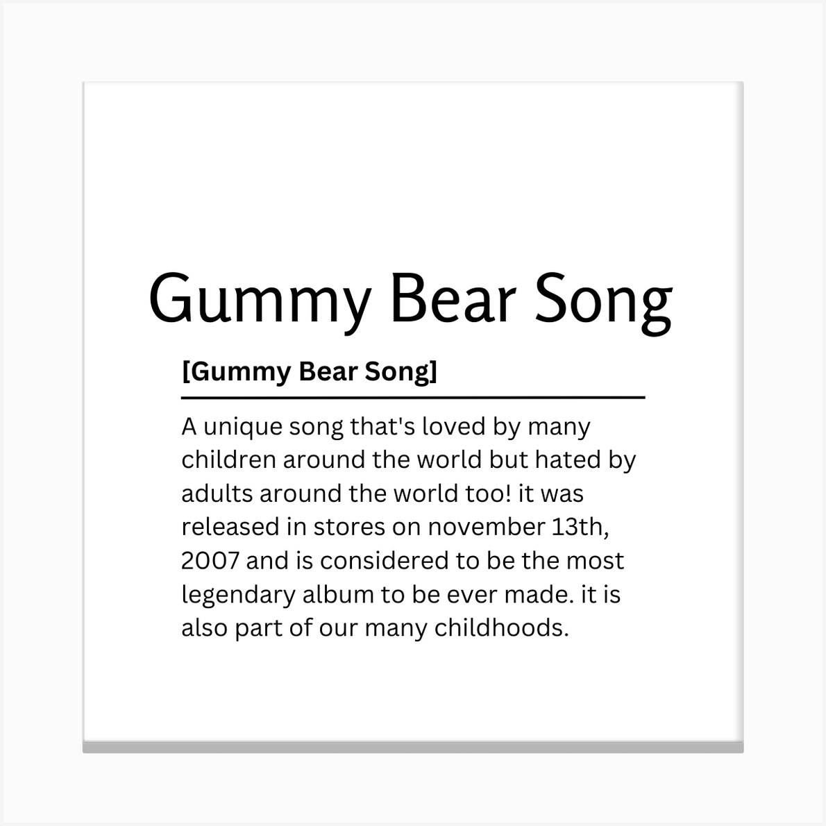 Gummy Bear Song Dictionary Definition Funny Quote Art Print Canvas