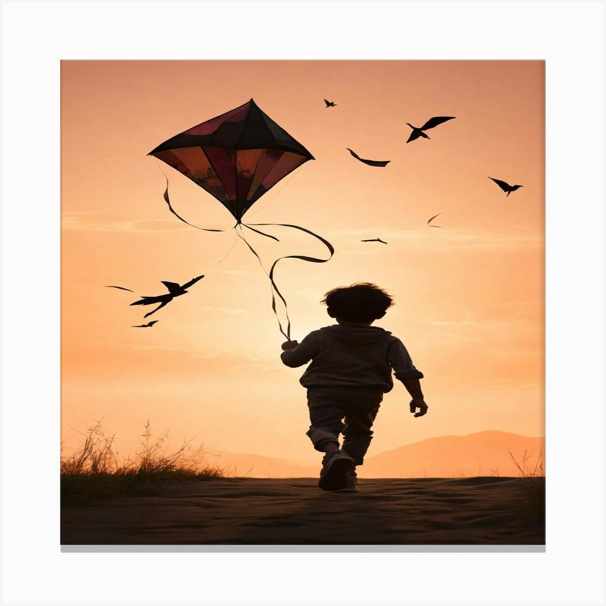 Buy Signed Brunelli Canvas Original Painting Child Flying Kite 38 X 36 Sunset