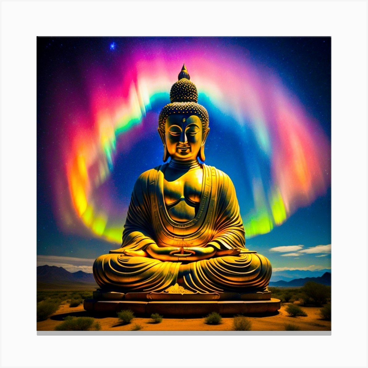 Buddha Statue With Aurora Canvas Print by MIKAELA INTUITIVE ART - Fy