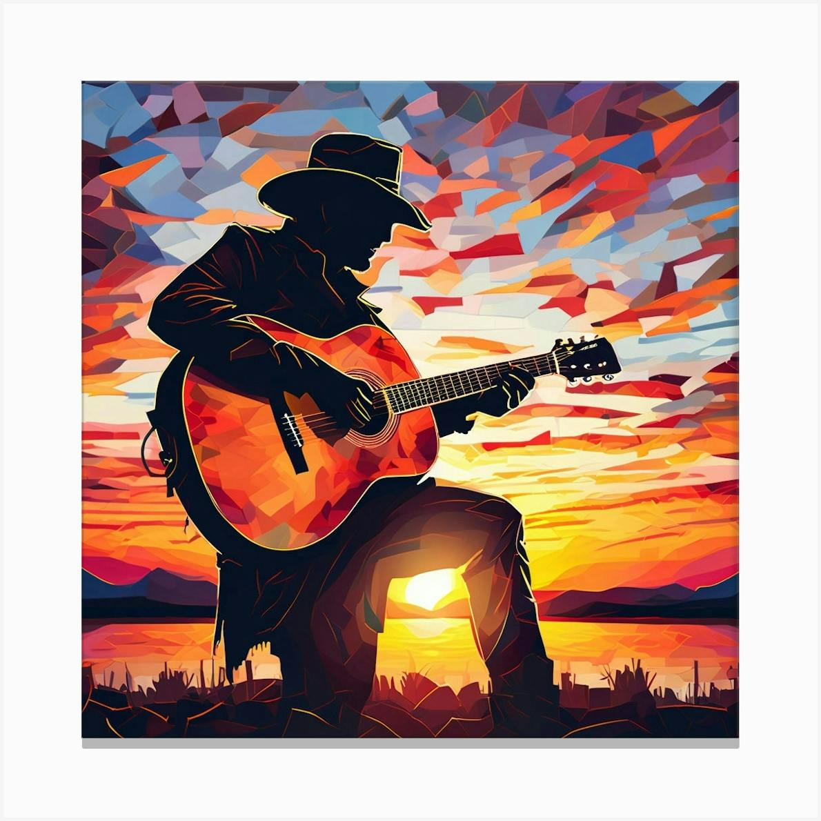 Acoustic Guitar At Sunset Canvas Print by Voxel Voyage - Fy