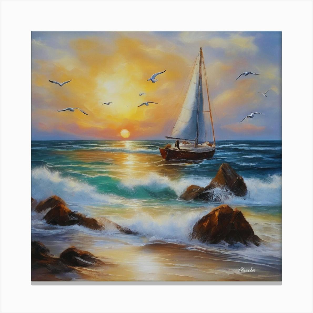 Nocturn - orders One of kind watercolor painting - Sunset on beach with sailboat