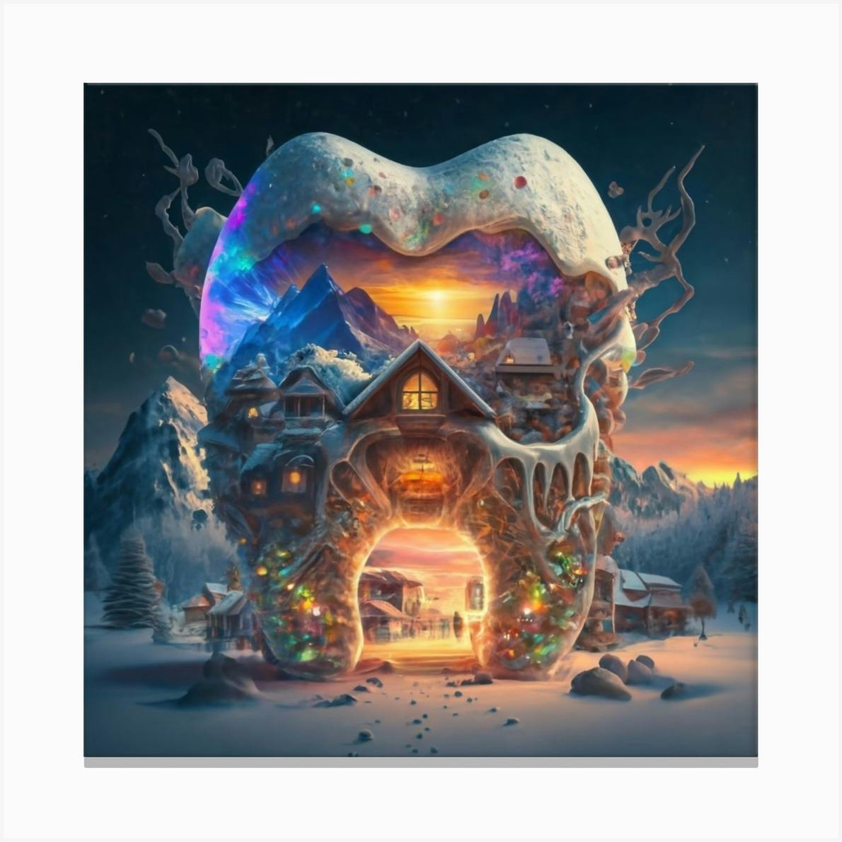 a house in the shape of giant teeth made of crystal with neon lights and various flowers 2 Canvas Print