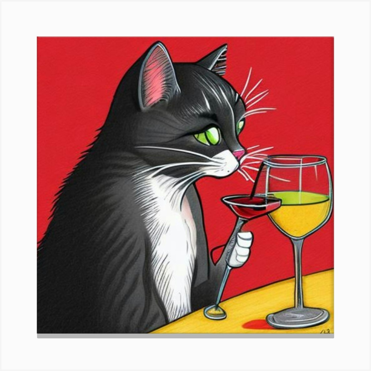 Wine For One Cat Drinking Wine Art Print Canvas Print by Buggy - Fy