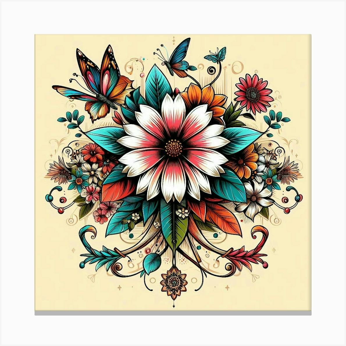 Tattoo Flash Mandala Flower Painting Print 8x8 Art store On Canvas