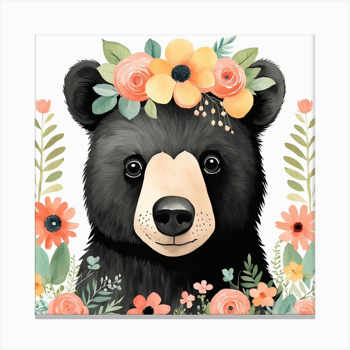 Floral Baby Black Bear Nursery Illustration (2) Canvas Print by 1xMerch ...