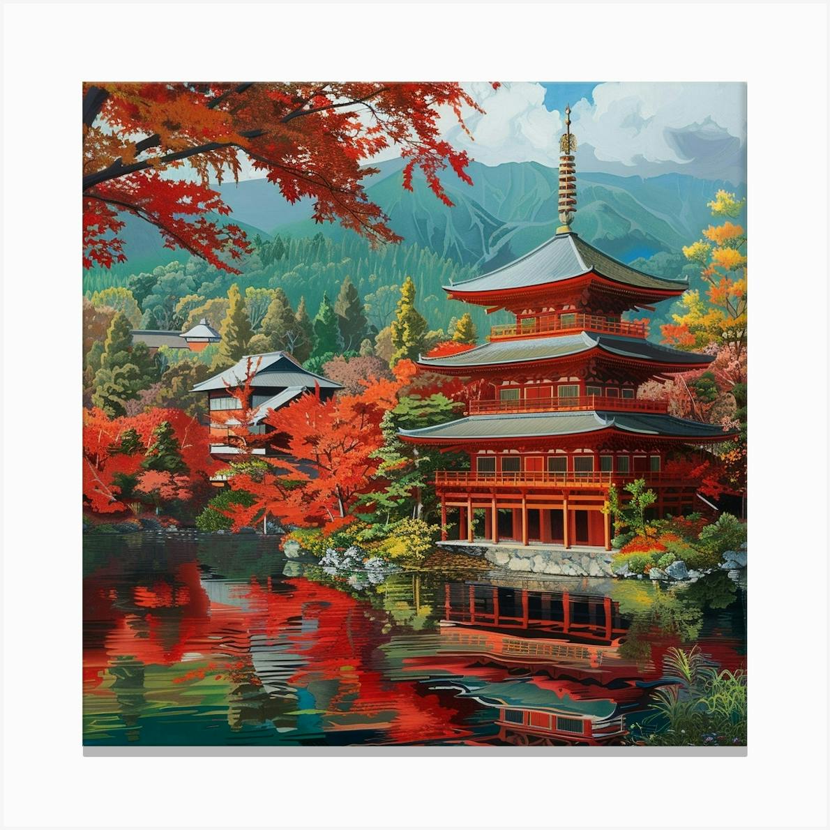 Japanese Temple in Mountain Waterfall Forest Oil Painting #4