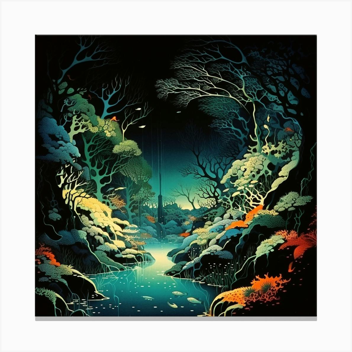 キャンバスドローイング『The forest at night』 Vintage Forest at Night Painting, Forest Art Print