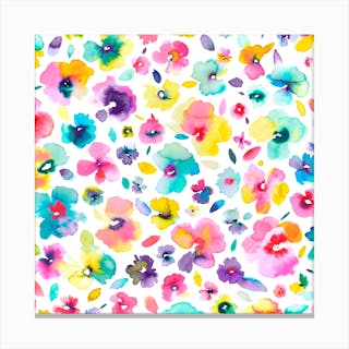 Tropical Flowers Multicolored Square Canvas Print by Ninola Design - Fy