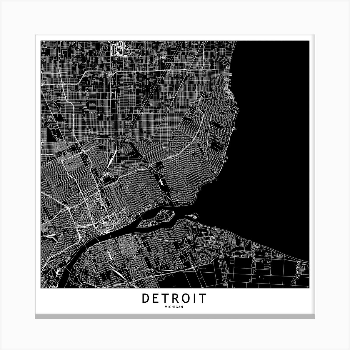 Detroit Black And White Map Square Canvas Print by multipliCITY Fy