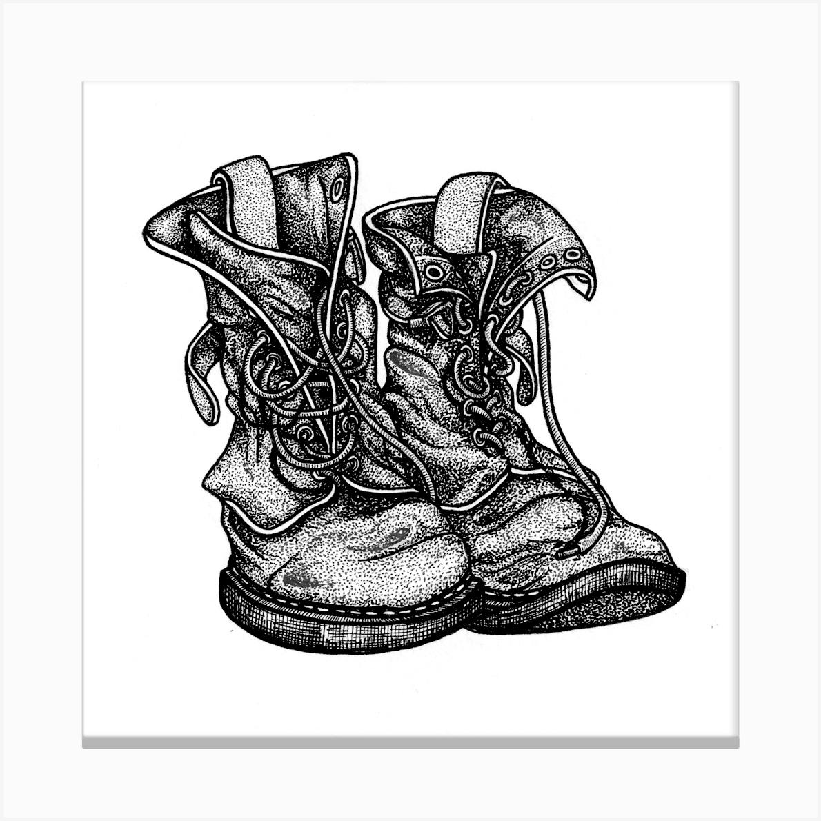 Old Boots in Black and White Ink Canvas Print by Rosemary Grace Art Fy