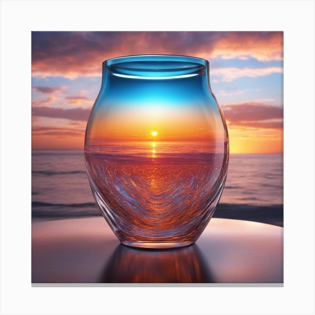 Vivid Colorful Sunset Viewed Through Beautiful Crystal Glass Vase, Close  Up, Award Winning Photo A (1) Canvas Print