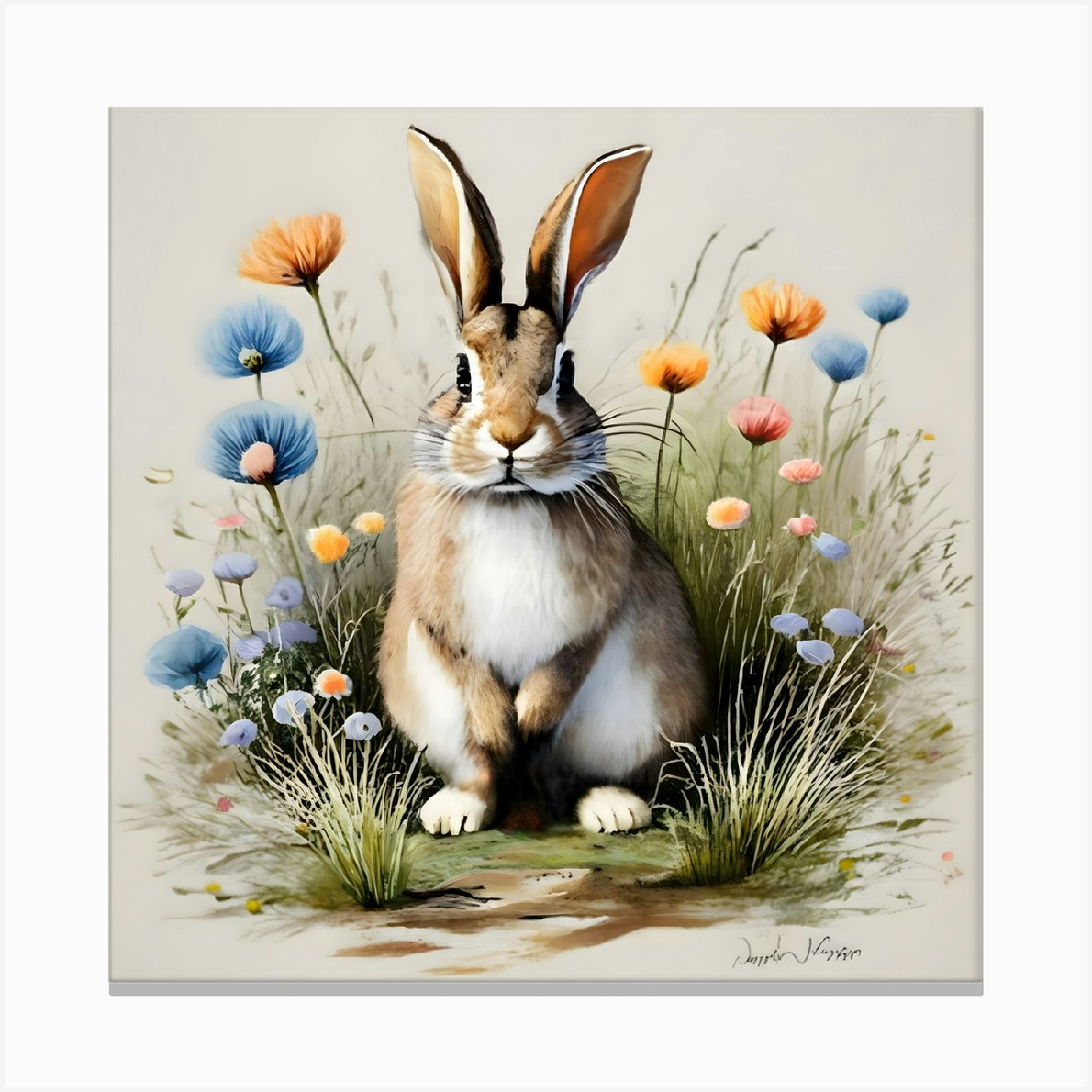 Realistic rabbit painting on canvas, Detailed bunny artwork in acrylic