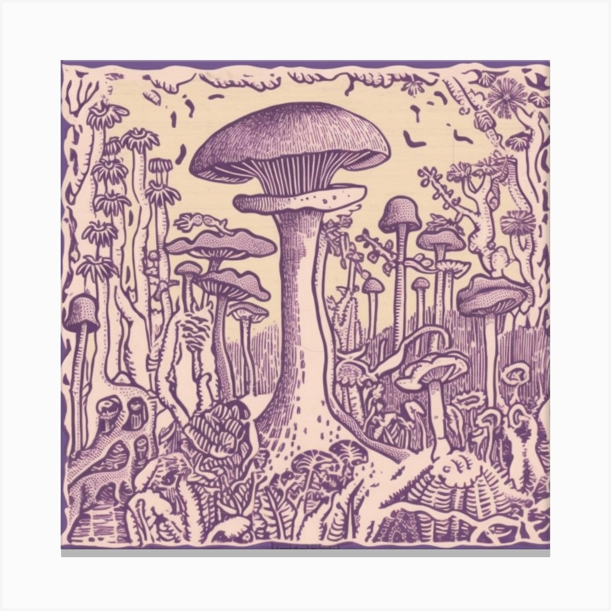 Mushroom Woodcut Purple 1 Canvas Print by Enchanted Prints - Fy