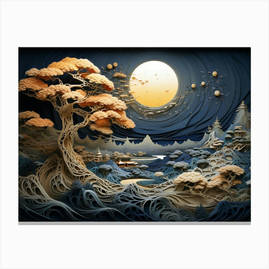 375292 Wooden Sculpture Of A Seascape, With Waves, Boats, Xl