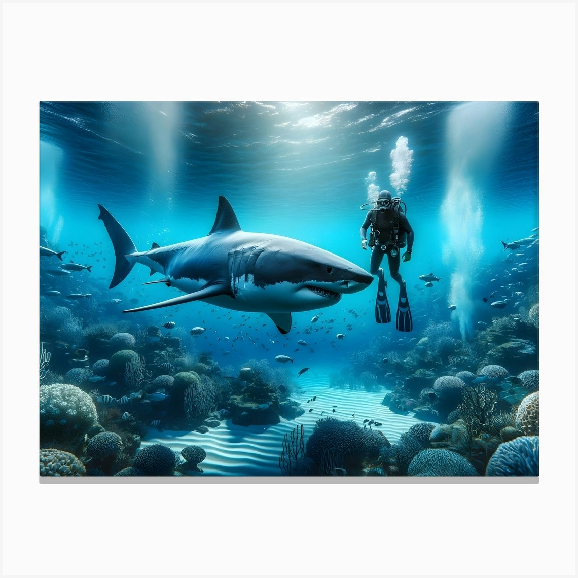 Scuba Diver And Great White Shark 7 Canvas Print by KarloCuris - Fy