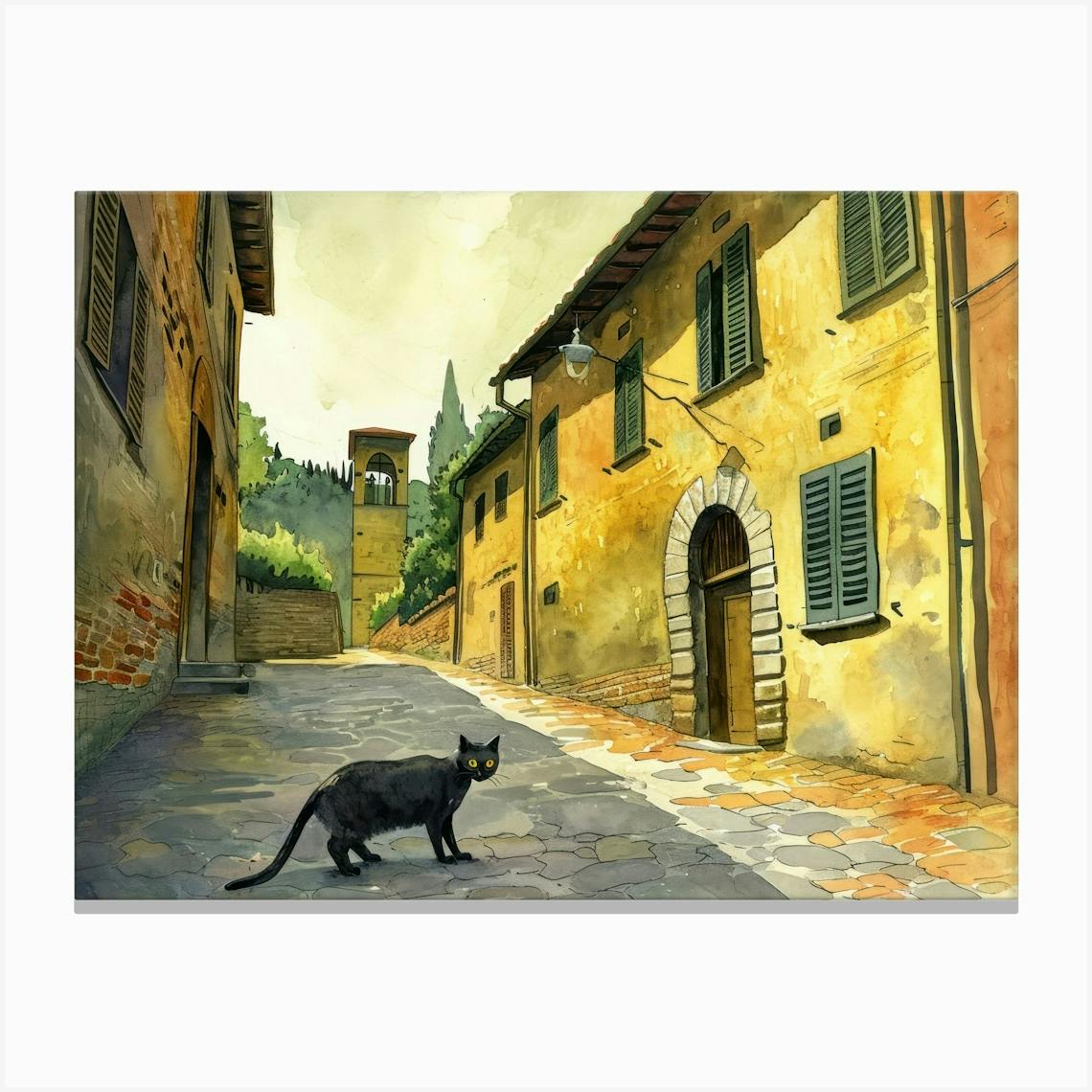 Black Cat In Arezzo Italy Street Art Watercolour Painting 3