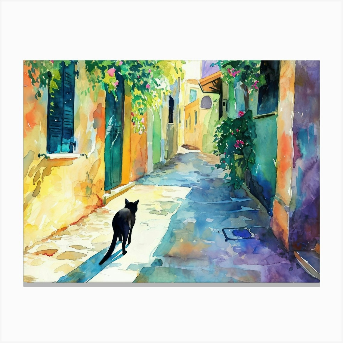Limassol, Cyprus Cat In Street Art Watercolour Painting 2 Canvas Print