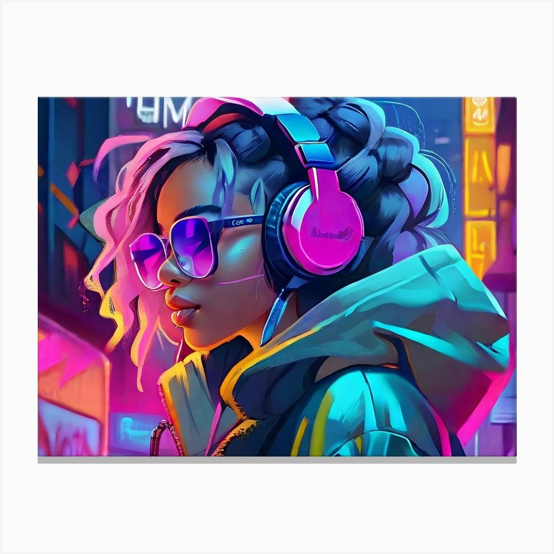 Neon Girl With Headphones Art Print by sileon - Fy
