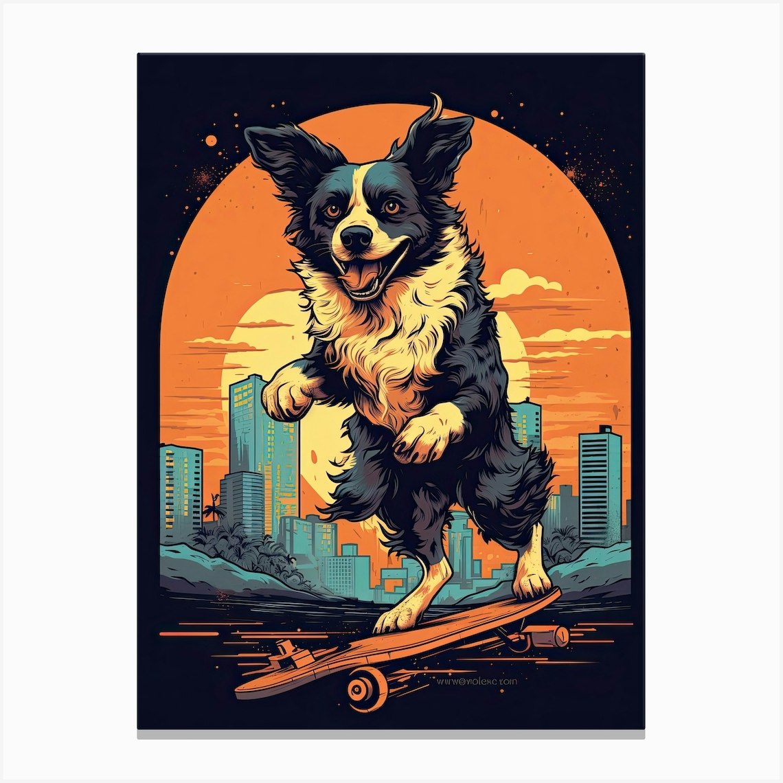 Border Collie Dog Skateboarding Illustration 1 Canvas Print by Rolling Art Fy