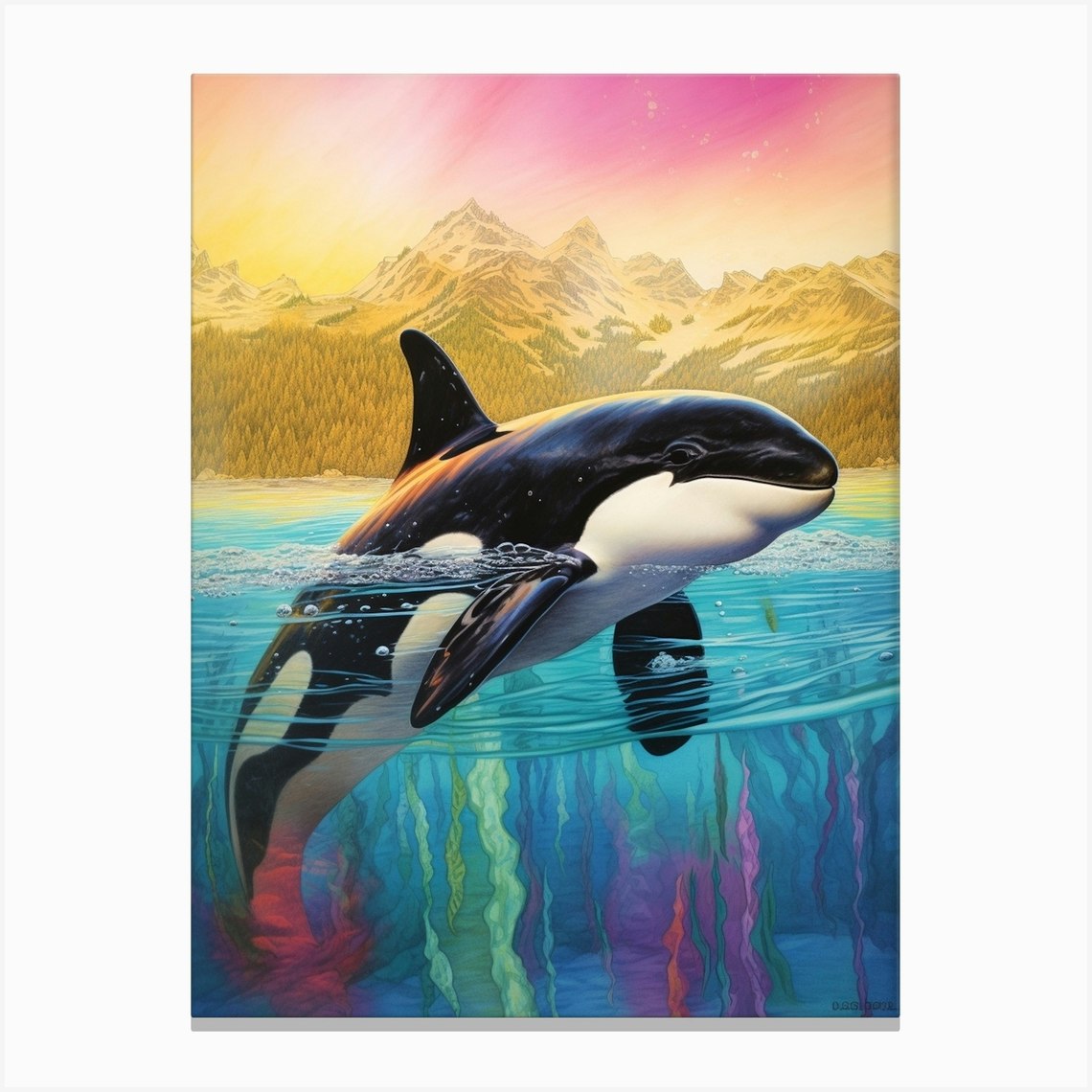 Rainbow Orca Whale Northern Lights Illustration Canvas Print By Energy 