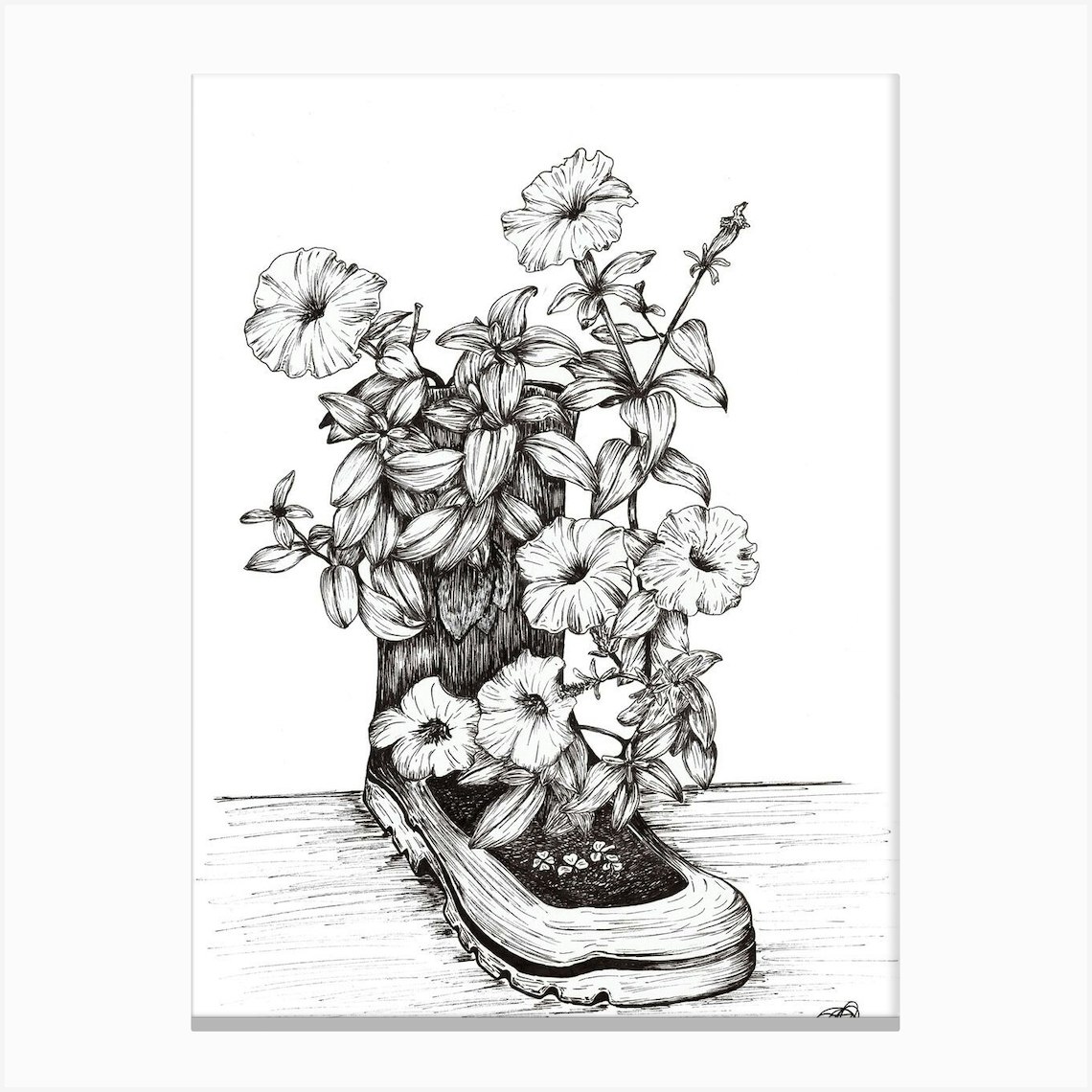 Black and White Flowers in a Boot Canvas Print by Jenna Caitlin Designs ...