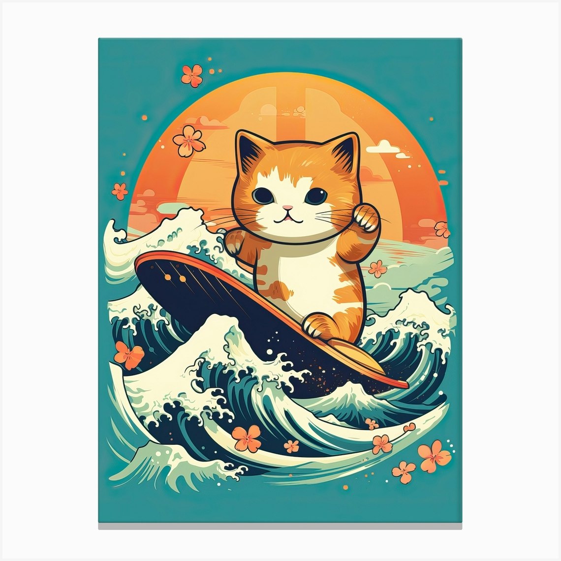 Kawaii Cat Drawings Surfing 1 Canvas Print by Kawaii Kingdom Fy