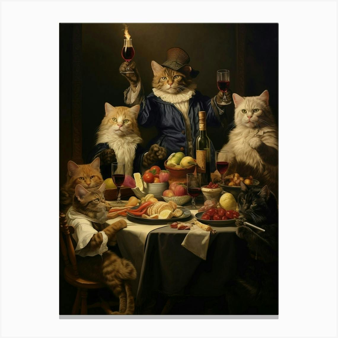 Vintage Oil Painting on Paper Cats Eating fashion