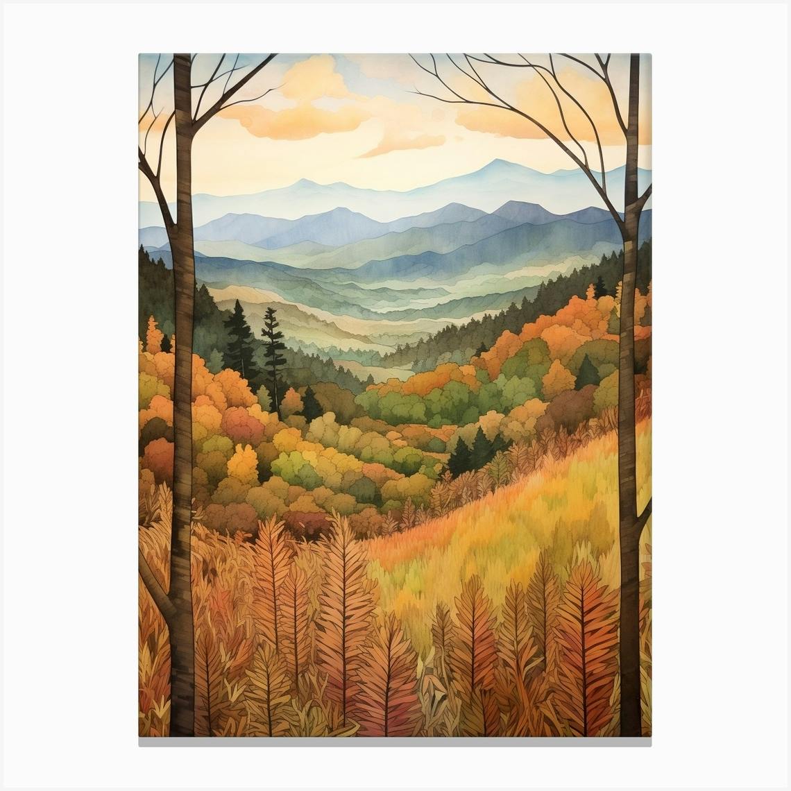 Smoky Mountains 2024 National Park Colorful Fall Leaves Stream Zen Hiking Forest Print North Carolina NC Art Blueridge Parkway Canvas or Framed