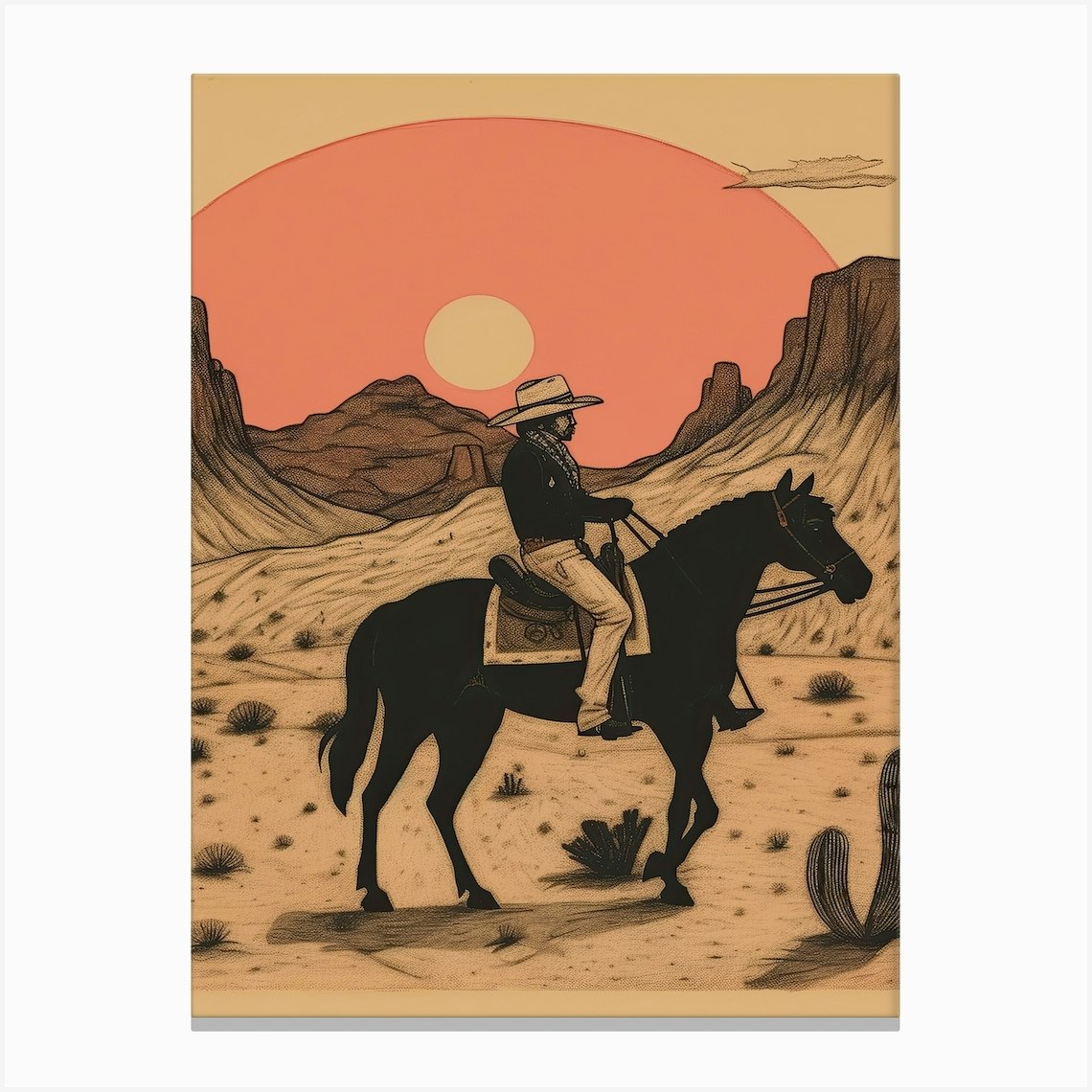 Cowbow Riding A Horse In The Desert 3 Canvas Print by Retro West - Fy