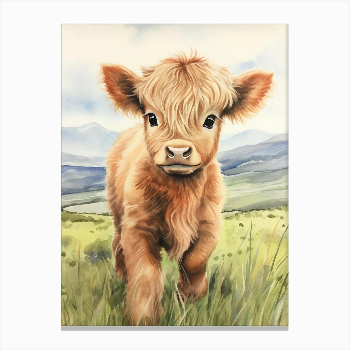 Cute Watercolour Portrait Of Highland Cow Calf 1 Canvas Cute Watercolour Portrait Of Highland Cow Calf 1 Canvas
