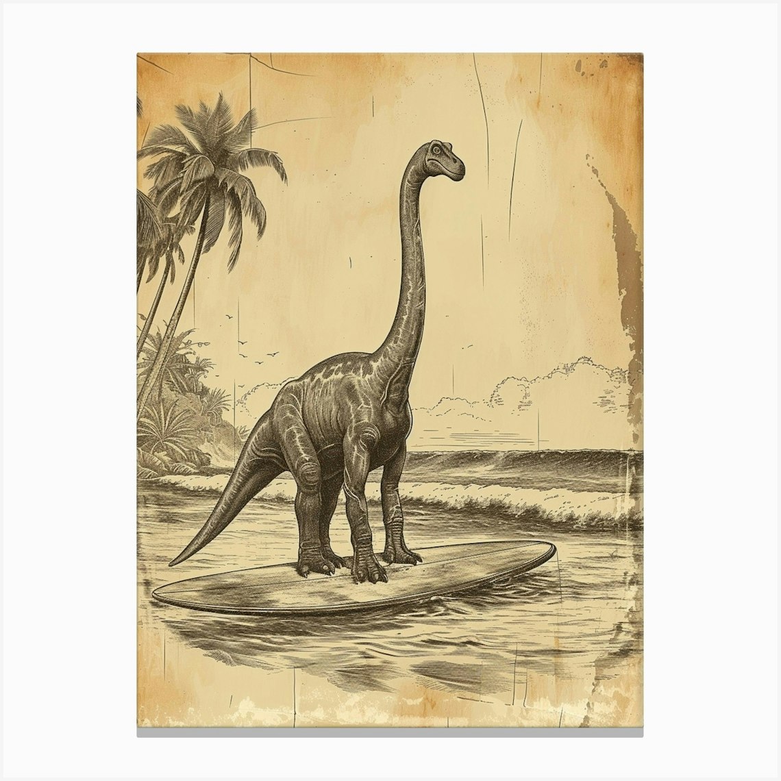 Vintage Brachiosaurus Dinosaur On A Surf Board 2 Canvas Print by ...