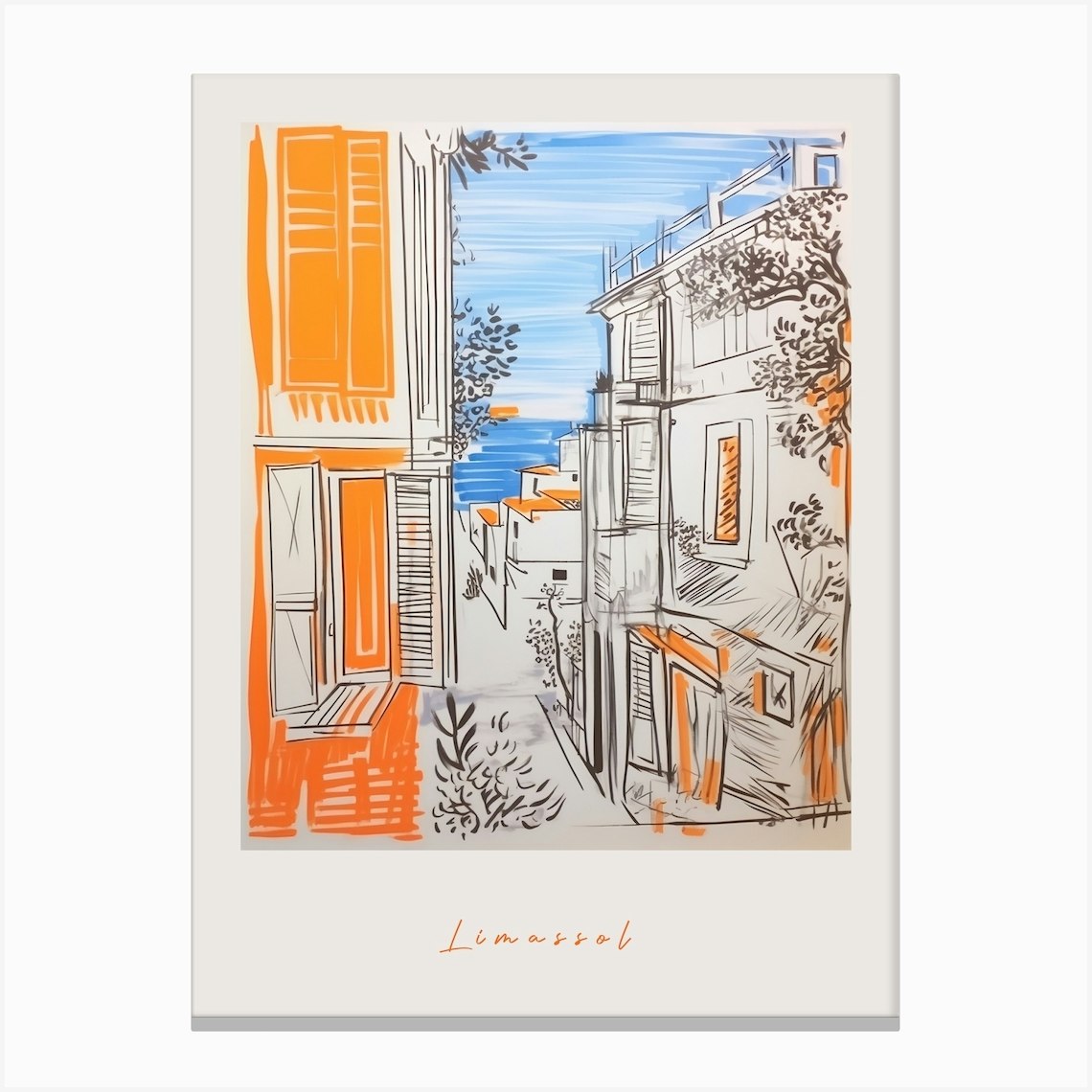 Limassol Cyprus 2 Orange Drawing Poster Canvas Print by MedArt Fy