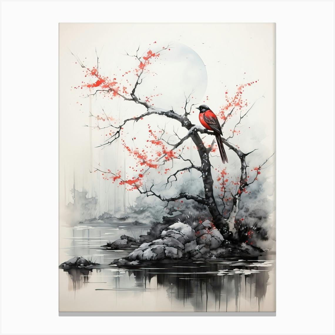 Red Bird Japanese Brush Painting Ukiyo E Minimal 4 Canvas Print