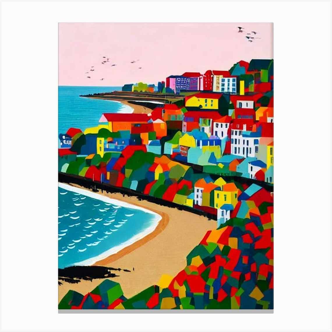 Tenby South Beach, Pembrokeshire, Wales Hockney Style Canvas Print By 