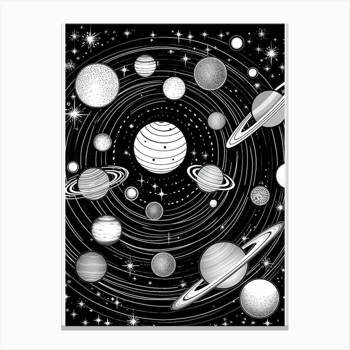 Black And White Drawing Of The Solar System Canvas Print