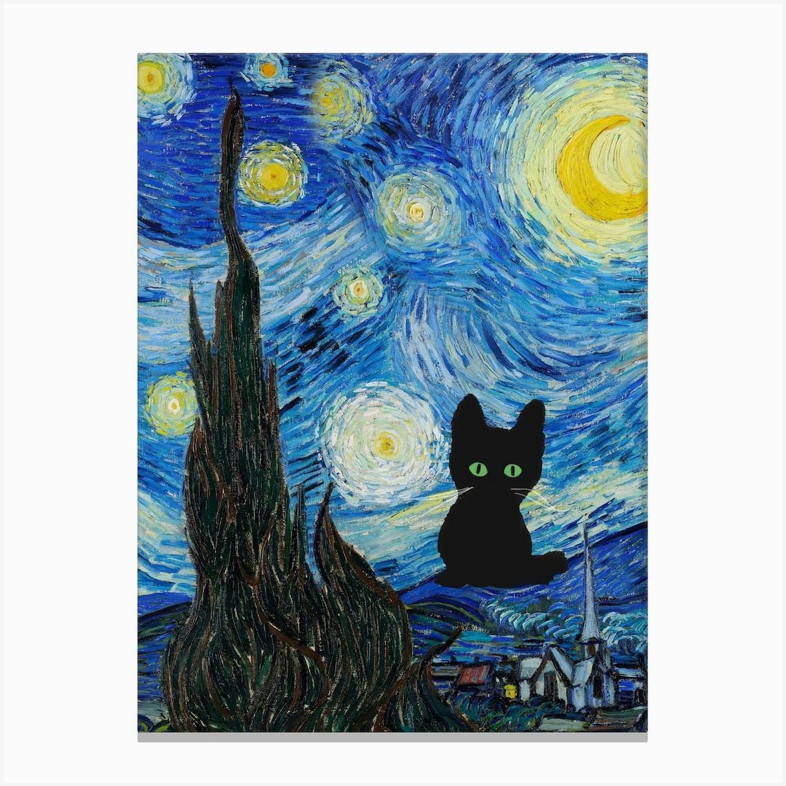 The Starry Night Vincent Van Gogh Style With Black Cat Portrait