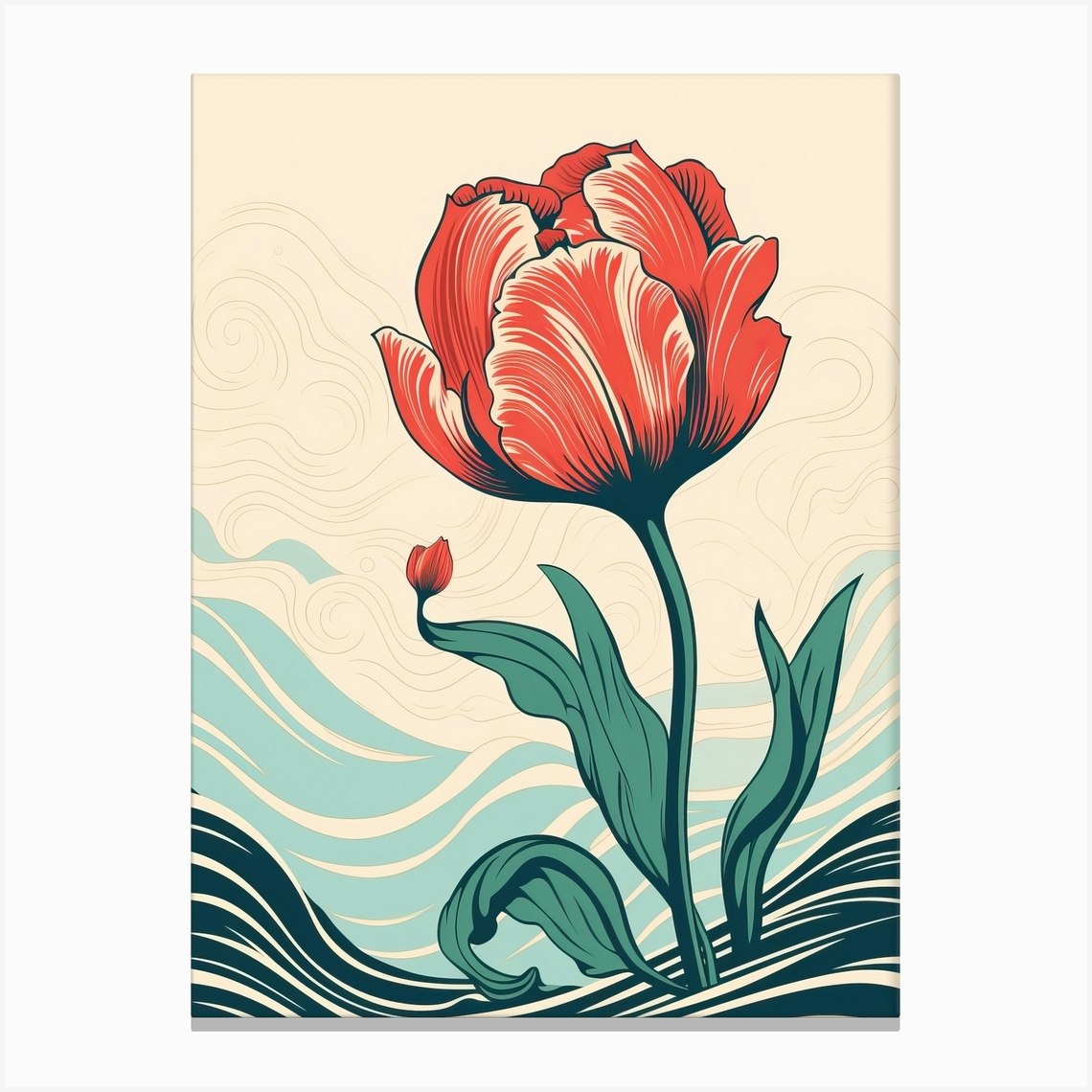 Great Wave With Tulip Flower Drawing In The Style Of Ukiyo E 3 Canvas