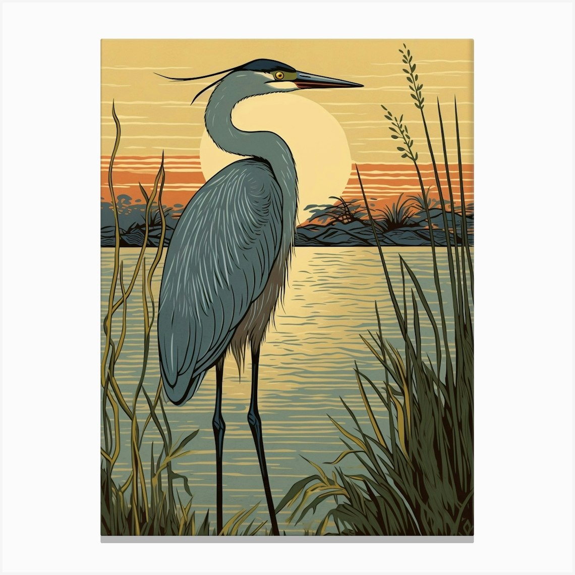 Vintage Bird Linocut Egret 4 Canvas Print by Feathered Muse - Fy