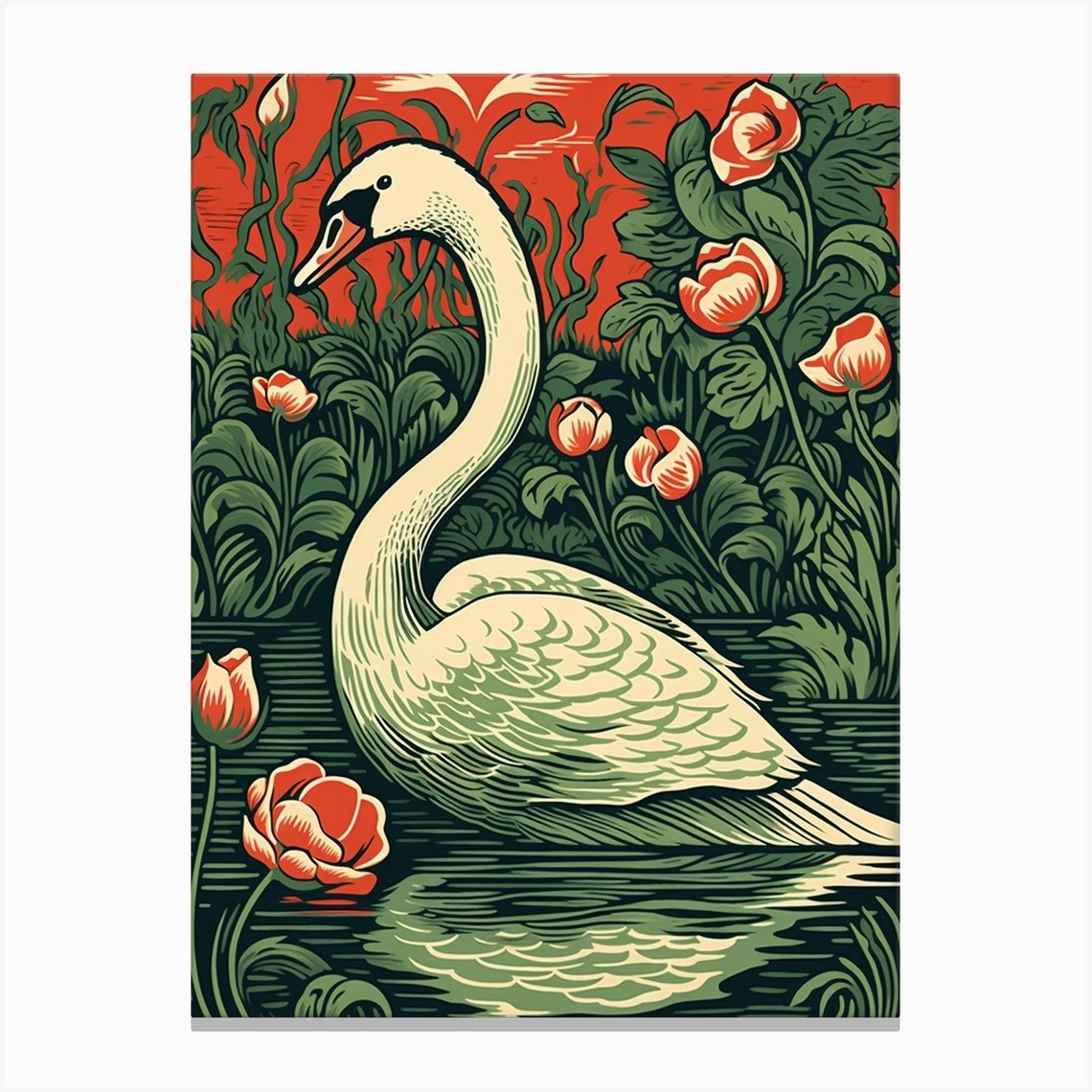 Vintage Bird Linocut Swan 4 Canvas Print by Feathered Muse - Fy