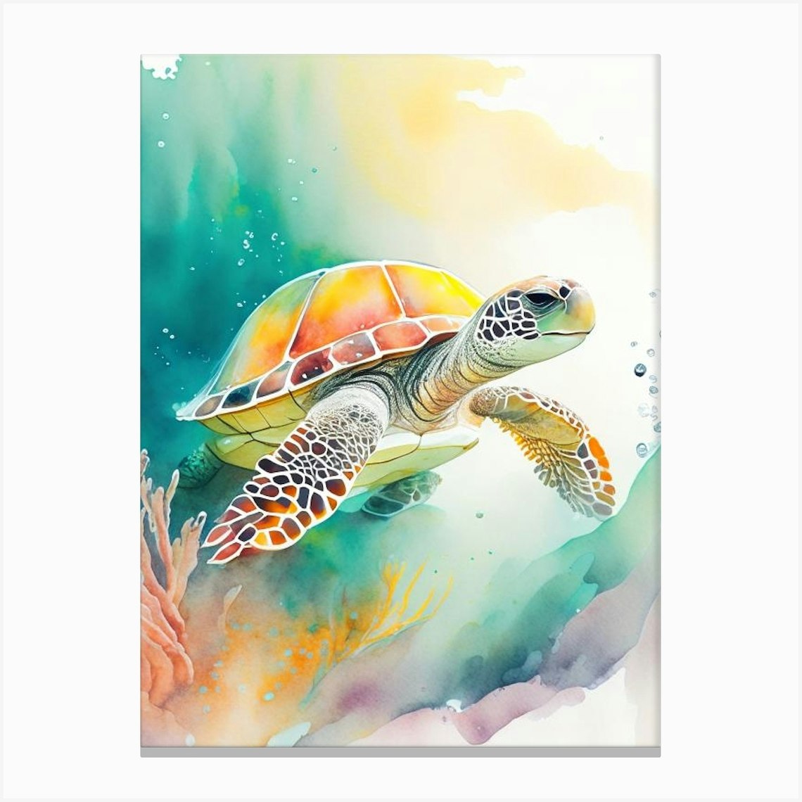 A Single Sea Turtle In Coral Reef, Sea Turtle Storybook Watercolours 1 ...