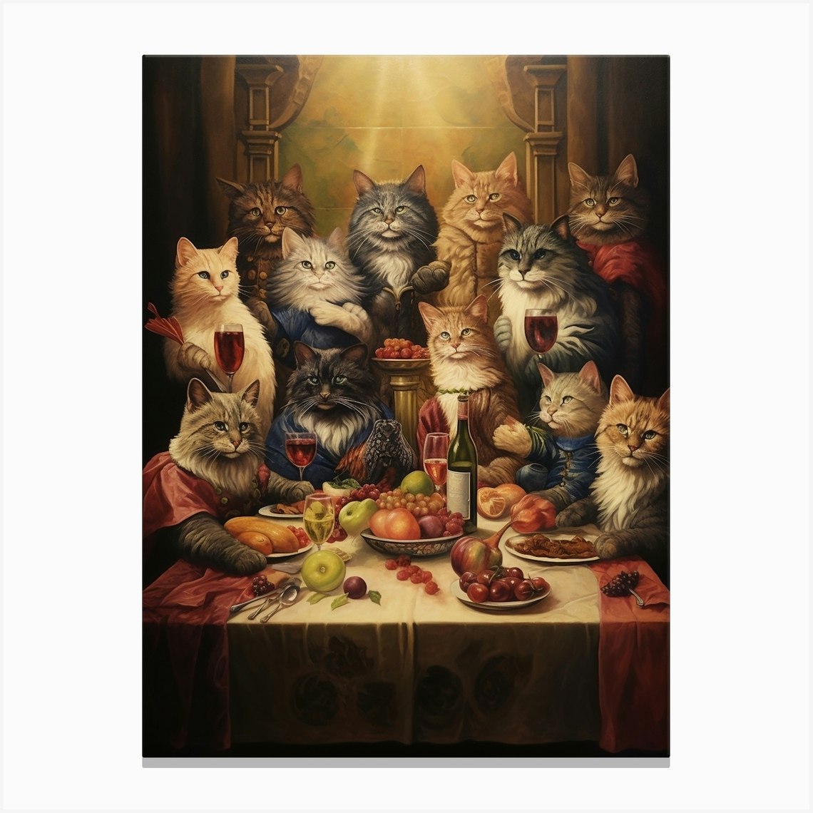 Medieval Cats Feasting On Wine & Fruit Canvas Print by Meowsterpieces - Fy