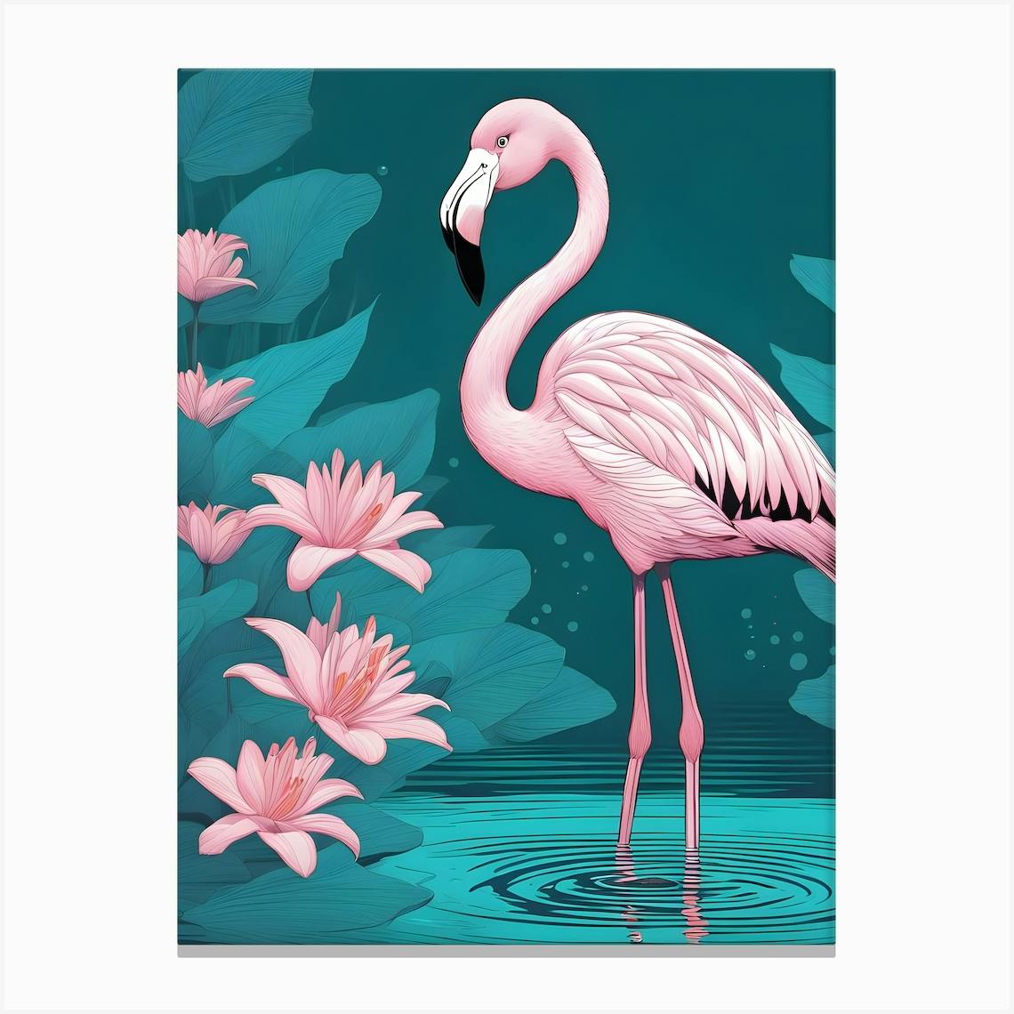 On sale Vintage flamingo and water lily canvas