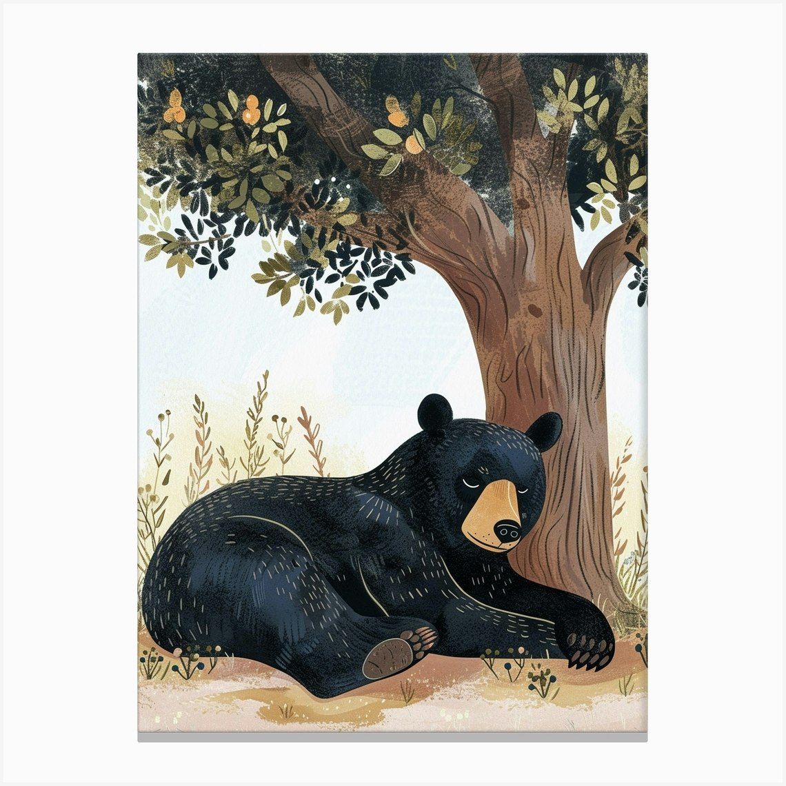 American Black Bear Laying Under A Tree Storybook Illustration 1 Canvas ...