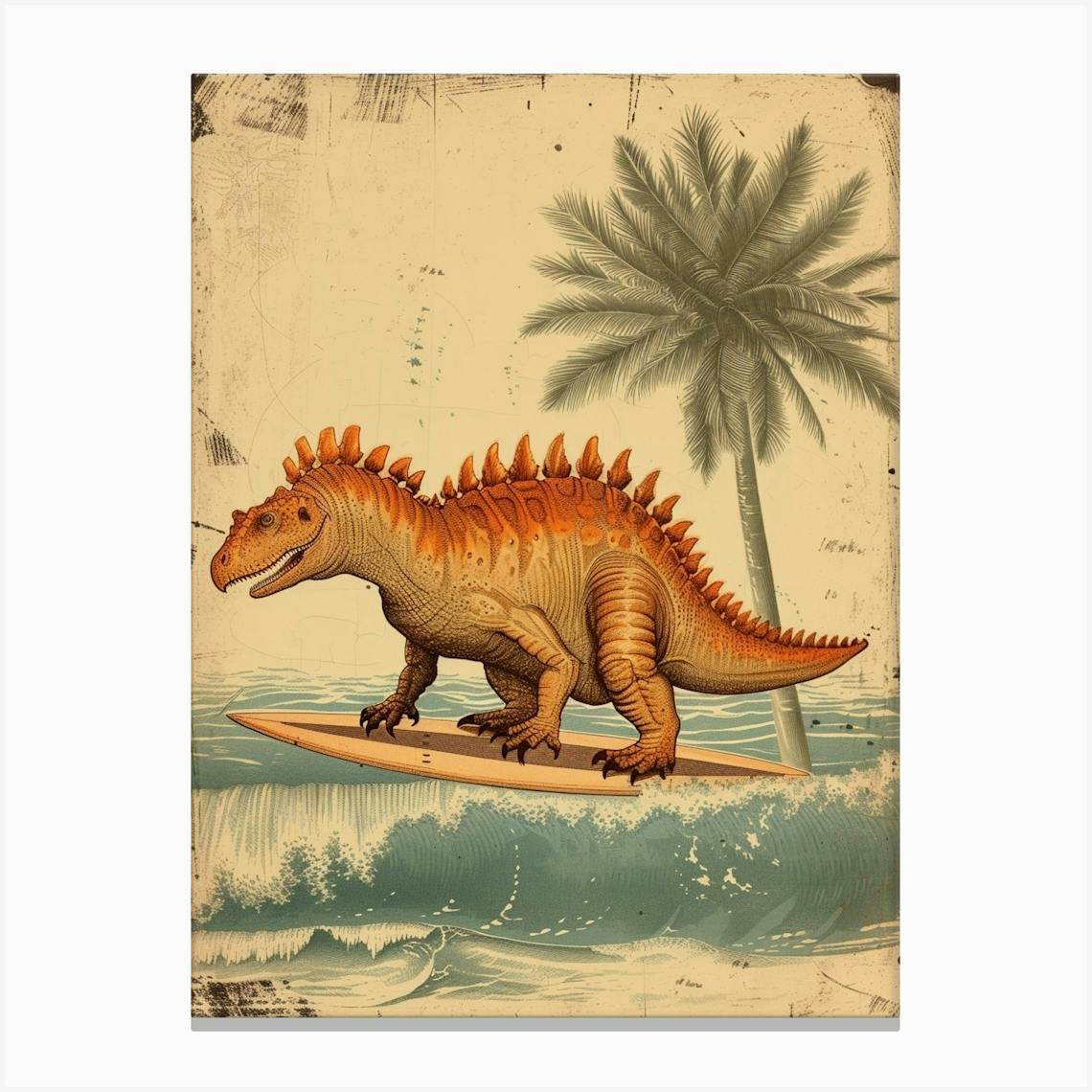 Vintage Ankylosaurus Dinosaur On A Surf Board Art Print by