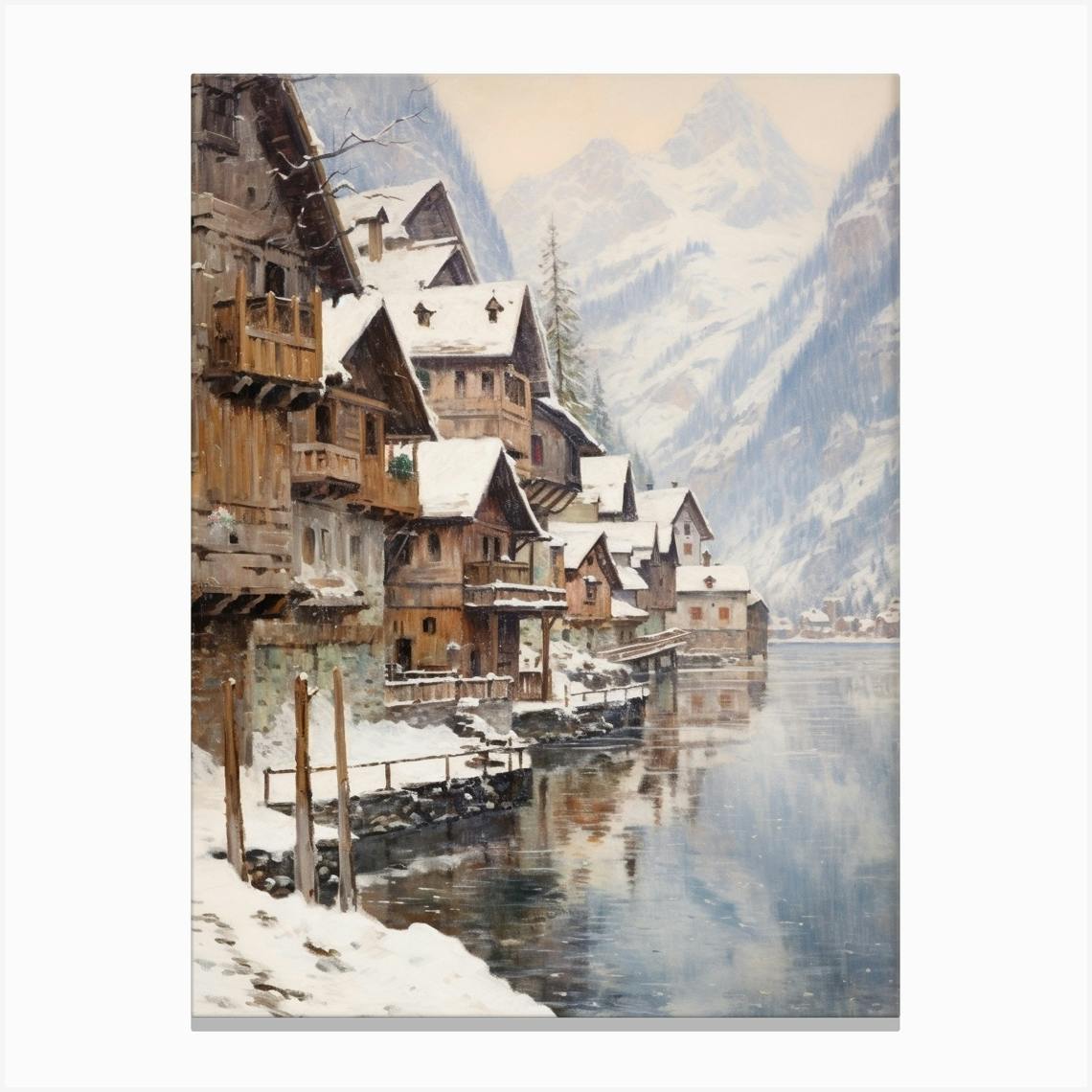 Winter Cottage in Austria -- Vintage outlet Fine Art Painting -- Framed Digital Print Canvas Art