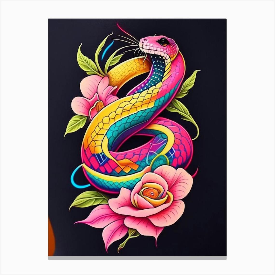 Green Garter Snake and Rose Blooms - oil painting on on sale canvas