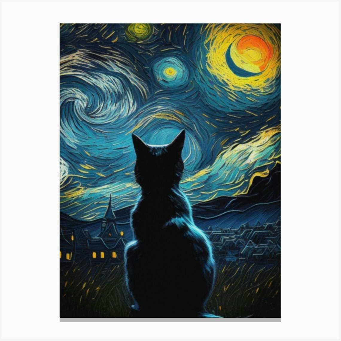 The Starry Night Cat Van Gogh Vertical Canvas Print by KunStudio Fy