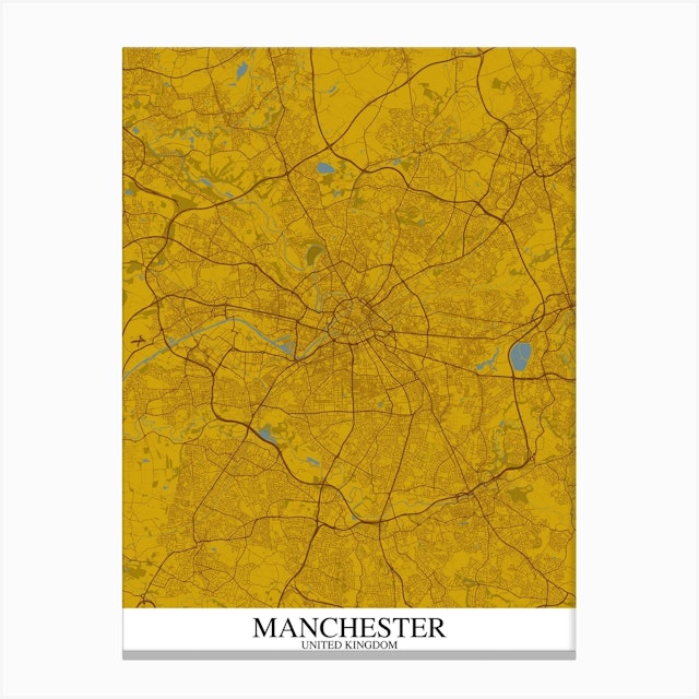 Manchester Yellow Blue Map Art Print by Mapply - Fy