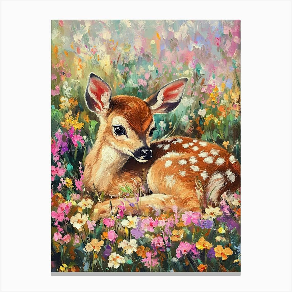 Balloon Flowers and Deer - Oil authentic on Canvas Painting