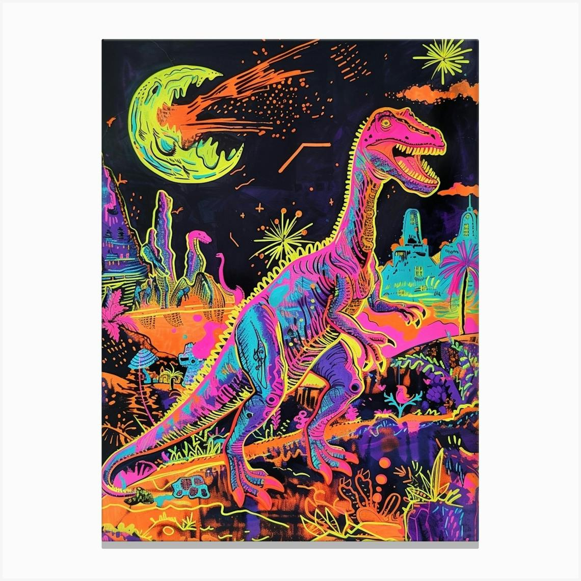Neon Abstract Dinosaur In The Wild Art Print by Dino